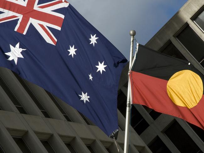 Australia's two flags - British and aboriginal - flying together in downtown Melbourne. Indigenous. iStock picture