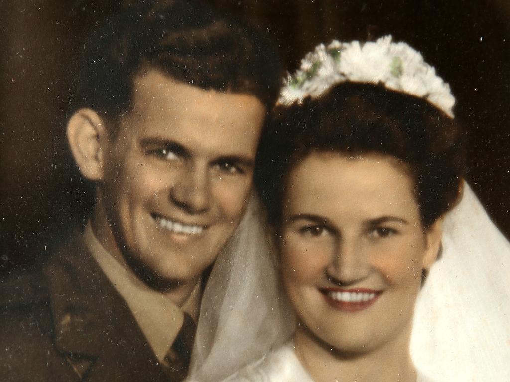 Daphne Dunne on her wedding day with first husband, Albert Chowne, in 1944. Picture: Tim Hunter