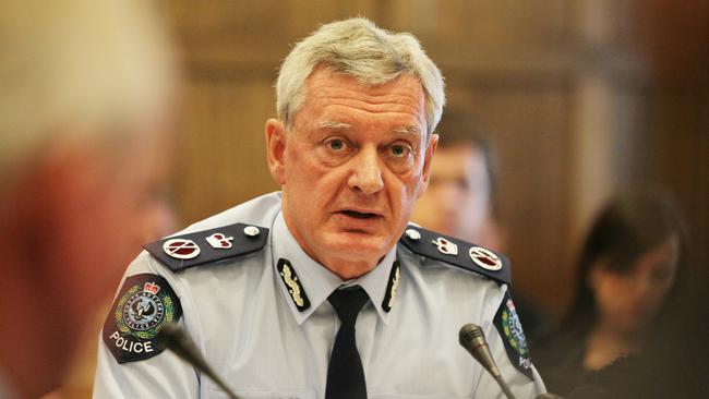 SA Police Commissioner Mal Hyde faces the Budget and Finance Committee at Parliament House in Adelaide.