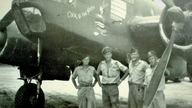 David Jones, second from left, with crew members, from left, Ray Barber, Allan Davies and Shelton Palframan in front of their Beaufort Bomber 'Cock o' The North' in New Guinea in 1945.