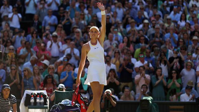 Elena Rybakina waves to the crowd after defeating Simona Halep in their semi-final Picture: Getty Images.