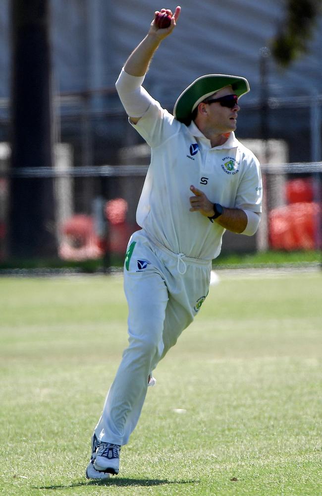 Declan O’Brien takes a catch for Spotswood on Saturday. Picture: Andrew Batsch