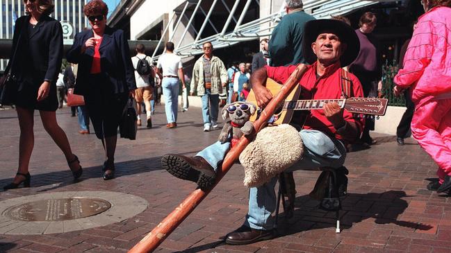 Johnny Marshall busking at Circular Quay in 1996.