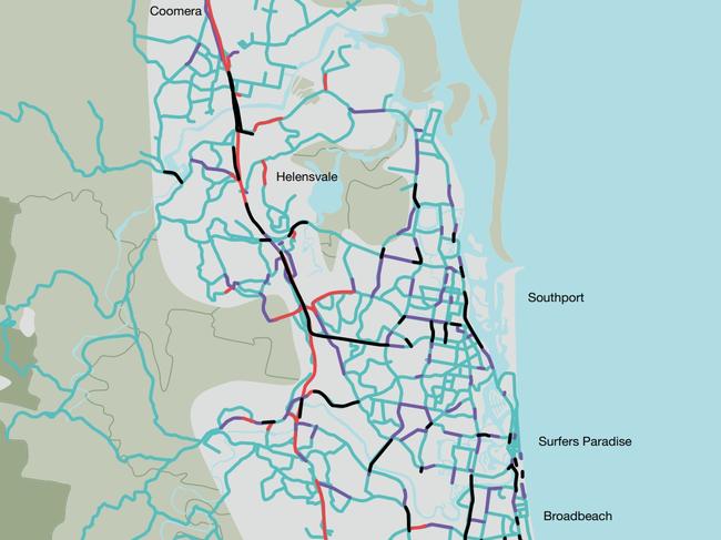 Gold Coast City Council road mapping shows red marks for “over capacity”, while black sections are “at capacity”.