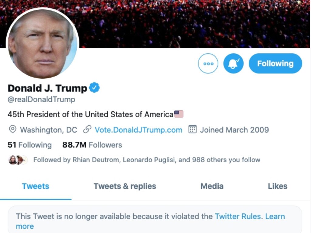 US President Donald Trump had three messages removed on Twitter and his account was suspended during the US Capitol riots.