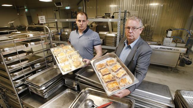 Owner of iCook Foods, Ian Cook (R) and son Ben Cook in the kitchen area of their food production business. Picture: David Caird