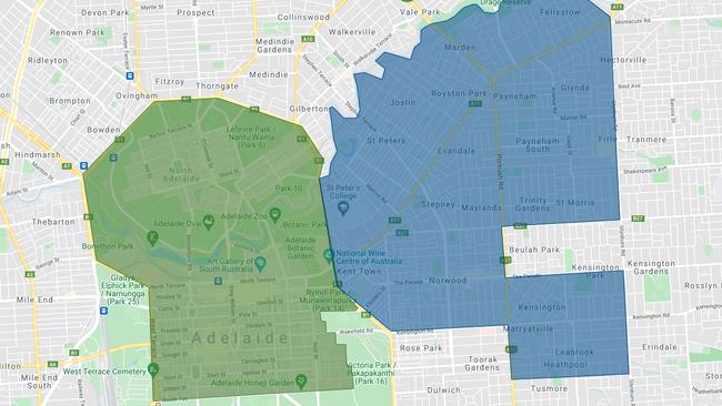 A map showing new e-scooter riding zone in the Norwood, Payneham &amp; St Peters Council area (shaded blue), and current riding zone (shaded green). Picture: Neuron Mobility