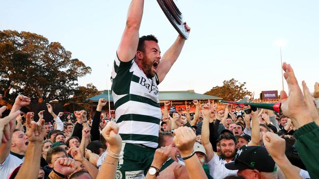 Warringah’s Sam Ward celebrates winning the 2017 Shute Shield. Ward’s brother Lachlan died playing for the Rats earlier that year.