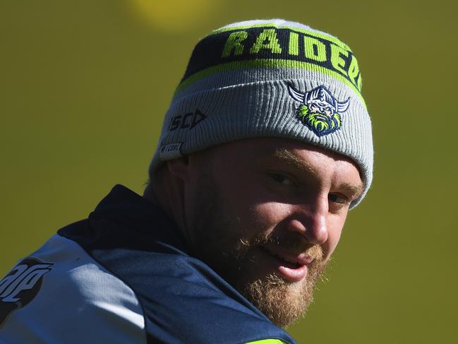 Elliott Whitehead of the Raiders reacts during an NRL Canberra Raiders training session in Canberra, Tuesday, June 2, 2020. (AAP Image/Lukas Coch) NO ARCHIVING