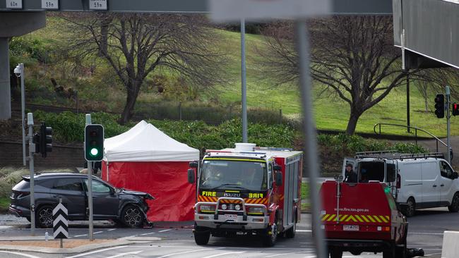 Scene of a fatal crash at the ABC roundabout in Hobart on Sunday 21st July 2024. Picture: Linda Higginson