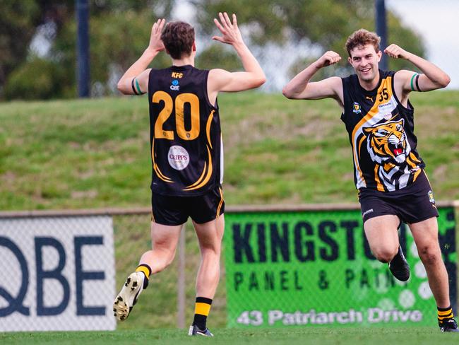 Zach Adams and Tyler Carter of Kingborough Tigers celebrate a goal during the TSL match between Kingborough Tigers and Lauderdale at Twin Ovals. Saturday, May 14, 2022. Photo: Anthony Corke