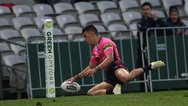 Penrith's Charlie Staines is the first player to score four tries on debut since 2008. Picture. Phil Hillyard.