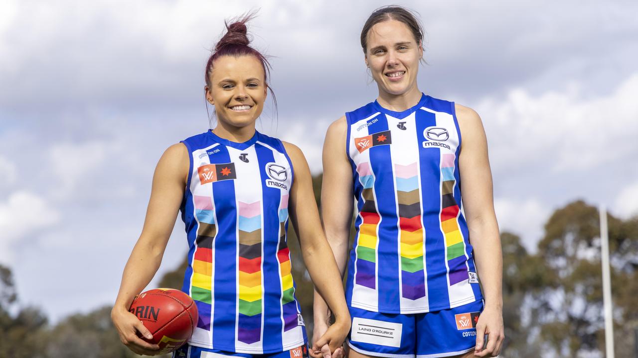 Jenna Bruton (left) was convinced first to enter the draft and then to join expansion side North Melbourne a year later by her longtime partner Jasmine Garner (right). Picture: Wayne Taylor