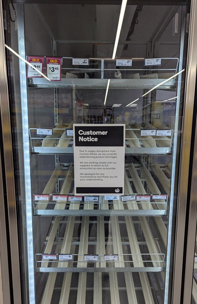 Woolworths Grand Central have advised stock of various items including dairy, bread and deli meats may be limited as ex-cyclone Alfred passes through the state. Picture: NewsCorp Australia