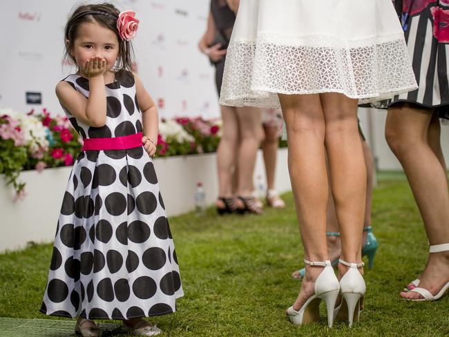 Katerina Dimopoulos, 4 holding her own in the 2014 Fashions on the Field. Picture: Jason Edwards.