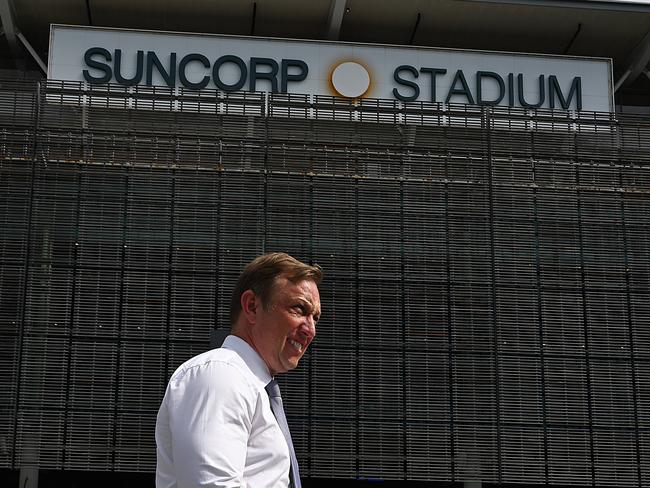 18/3/2024: QLD Premier Steven Miles, Minister Grace Grace speaks to the media explaining he will ignore the key finding in the Brisbane 2032 Olympic Games venues review, and put forward Suncorp Stadium as the opening games venue and QE11 as the main athletics venue, outside Suncorp Stadium,  Brisbane. pic: Lyndon Mechielsen/Courier Mail