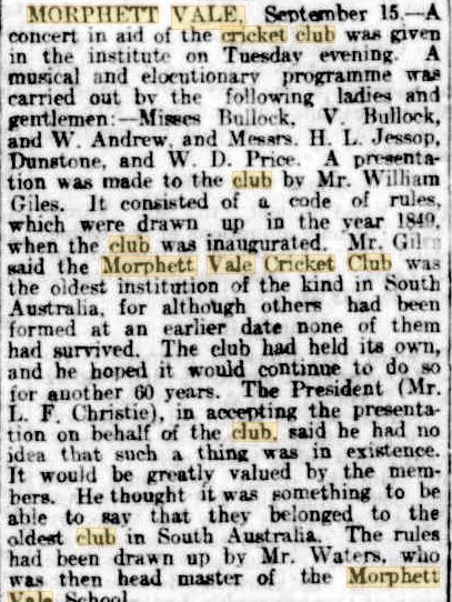 A 1909 article from The Register about Morphett Vale Cricket Club. Picture: Onkaparinga Council