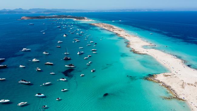 An aerial view of the beaches of Ses Illetes on the island of Formentera in the Balearic Islands, Spain