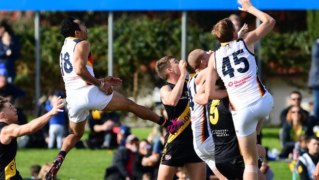 Eddie Betts flies for the Crows in the SANFL against Glenelg on Saturday. Picture: Mark Brake/Getty Images