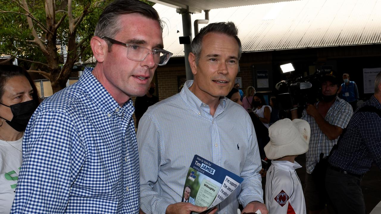 Premier Dominic Perrottet with candidate Tim James who remains “quietly confident”. Picture: Matrix