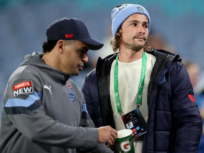 SYDNEY, AUSTRALIA - JULY 12: Nicho Hynes looks on ahead of game three of the State of Origin series between New South Wales Blues and Queensland Maroons at Accor Stadium on July 12, 2023 in Sydney, Australia. (Photo by Brendon Thorne/Getty Images)