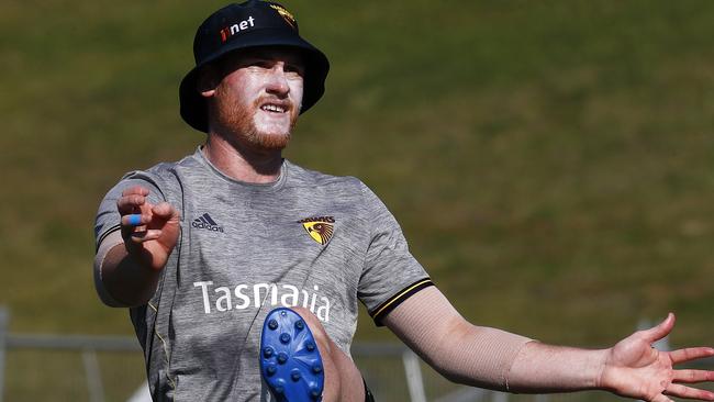 Hawthorn’s Jarryd Roughead takes part in some goal kicking. Picture: Michael Klein