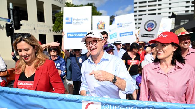 Queensland Premier Anastasia Palaszczuk and federal Labor leader Anthony Albanese led the thousands-strong march through the city. Picture: NCA NewsWire/Dan Peled