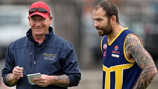 Riddell coach Arron Bray and Dean Galea during their time at Rupertswood. Picture: Andy Brownbill