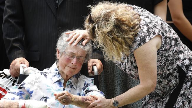 Grieving friends and relatives at the Sydney funeral for Anthony, Kristine and Winona Langford. Picture: Chris Pavlich