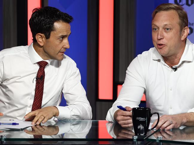 ## POOL IMAGES ## Queensland Premier Steven Miles and Leader of the LNP Opposition David Crisafulli pictured during the Courier Mail Leaders debate ahead of this years Queensland election and before two by-elections this weekend. Brisbane Tuesday 12th March 2024 Picture David Clark