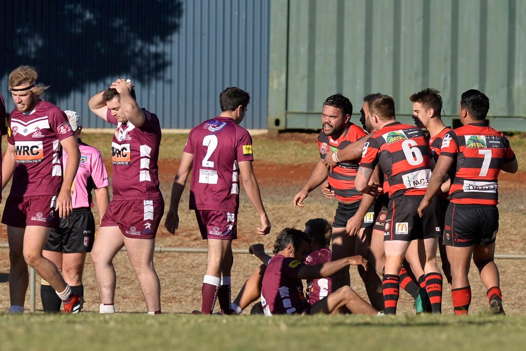 Valleys Roosters celebrate a try by Kalemb Hart against Dalby Diehards in TRL Premiership qualifying final rugby league at Glenholme Park, Sunday, August 12, 2018. Picture: Kevin Farmer