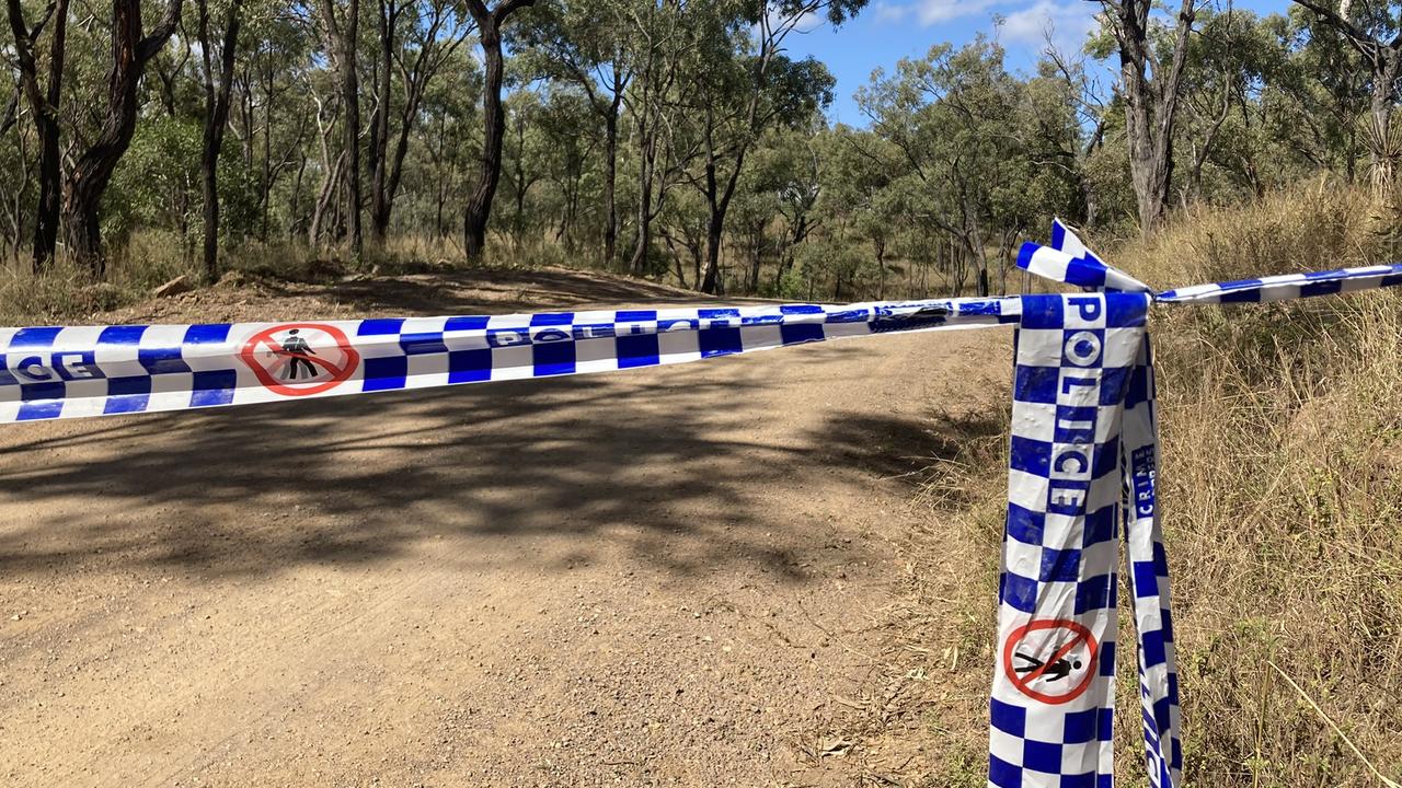 Picture of police tape sealing off Shannonvale Rd about 3km from crime scene where Mervyn and Maree Schwarz along with Graham Tighe were shot and killed and Ross Tighe was wounded at Bogie, Central Queensland