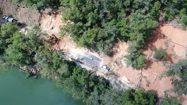 This drone image was taken as crews faced the challenging task of reopening Waterfall Way.