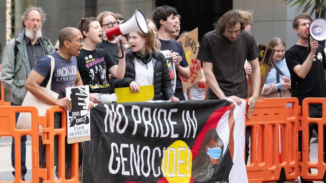 Protestors assemble outside the Adelaide Convention Centre at a No campaign event. Picture: NCA NewsWire/ Morgan Sette