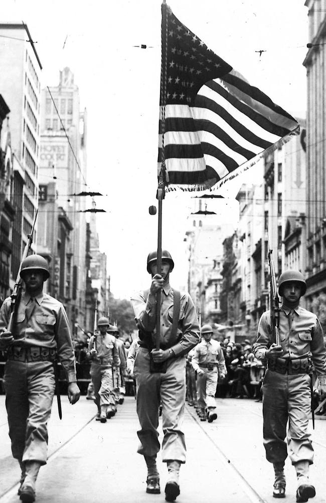 Did the Americans bring species of big cats to Victoria in World War II? American soldiers march in Three Nations’ March in November 1943. Picture: Supplied