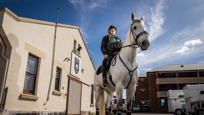 Mounted officer Senior constable Darcy Wright with police horse Yass at the Thebarton Police Barracks. Picture: Tom Huntley