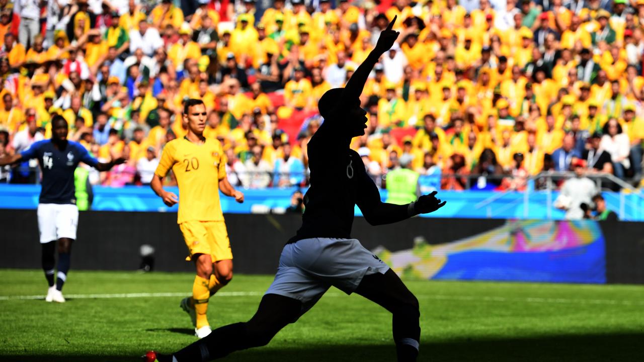 Paul Pogba of France celebrates after scoring against Australia. (AAP Image/Dean Lewins)