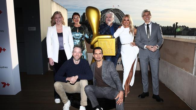 Gold Logie nominees Leigh Sales, Julia Morris, Shaun Micallef, Sonia Kruger, Osher Gunsberg, Hamish Blake and Mark Coles Smith pose during the TV WEEK Logie Awards Nominations Event on June 19, 2023 in Sydney, Australia. Photo: Don Arnold.