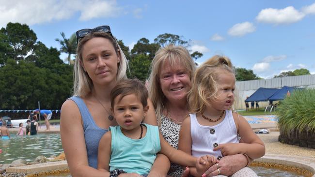 Bianca Wood and Kathryn Raper with children Noah, 2 and Nevaeh Cridland, 3, are campaigning to keep the Banora Point Oasis pool open. Picture: Liana Walker