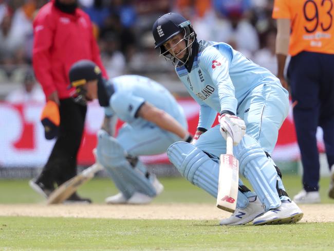 England's Joe Root, right, and teammate Ben Stokes take a run. Picture: AP Photo/Rui Vieira