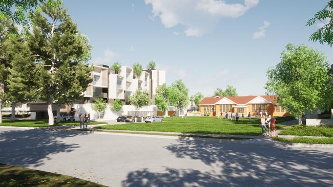 Artists impressions of the Windermere Bay Precinct, showing the park in front of the restored primary school which would become a community space, if the development is approved.