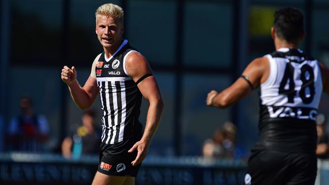 Port’s Billy Frampton celebrates kicking a goal in the SANFL. Picture: Tom Huntley