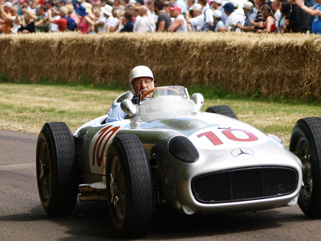 Britain's Stirling Moss in his 1954 Mercedes Benz W196 racing car in 2009.