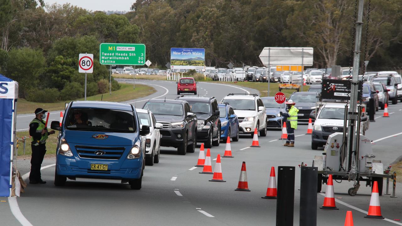 The hard border and long Queues return to the Qld NSW border on the Gold Coast. Long Queues on the Gold Coast highway at Coolangatta. Picture: Glenn Hampson.