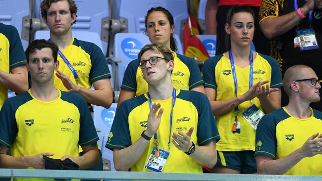 A subdued-looking Mack Horton watches the action from the last night of finals at the FINA World Championships in Gwangju last. Picture: Getty Images