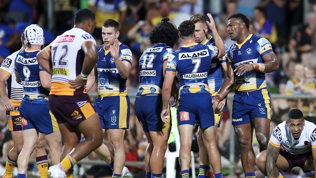 DARWIN, AUSTRALIA - APRIL 23: Maika Sivo of the Eels celebrates with his team mates after scoring a try during the round seven NRL match between the Parramatta Eels and the Brisbane Broncos at TIO Stadium, on April 23, 2021, in Darwin, Australia. (Photo by Mark Kolbe/Getty Images)