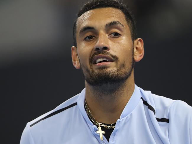 BEIJING, CHINA - OCTOBER 08:  Nick Kyrgios of Australia reacts after losing the point duirng the Men's Singles final against Rafael Nadal of Spain on day nine of the 2017 China Open at the China National Tennis Centre on October 8, 2017 in Beijing, China.  (Photo by Lintao Zhang/Getty Images)