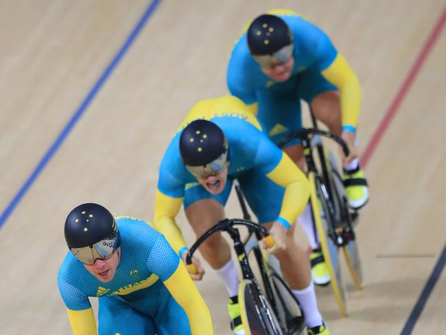 Matthew Glaetzer, Patrick Constable and Nathan Hart in the team sprint at the Rio Olympics. Picture: Alex Coppel