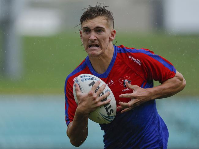 Newcastle Knights SG Ball star Fletcher Sharpe scored six tries in their 70-point rout of the Dragons earlier this season. Picture: Bryden Sharp/NSWRL