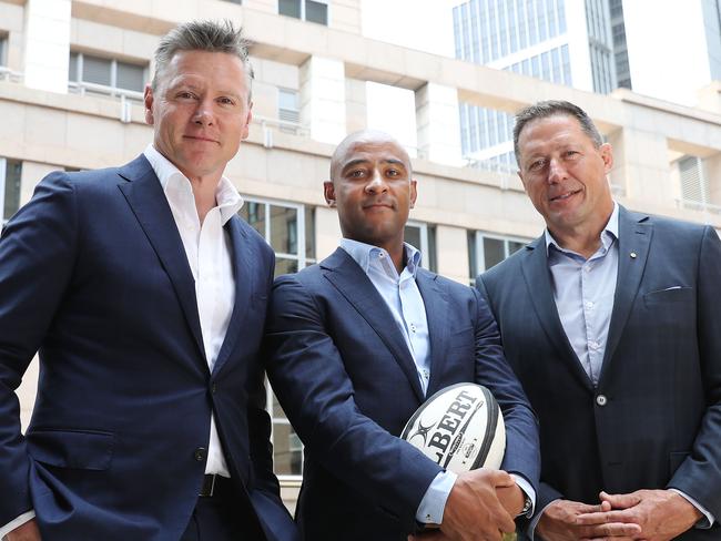 22/11/19:  Matt Burke, George Gregan and Phil Kearns talking about the future of Rugby in Australian. They were attending the RAA launch at Sofitel Wentworth . John Feder/The Australian.